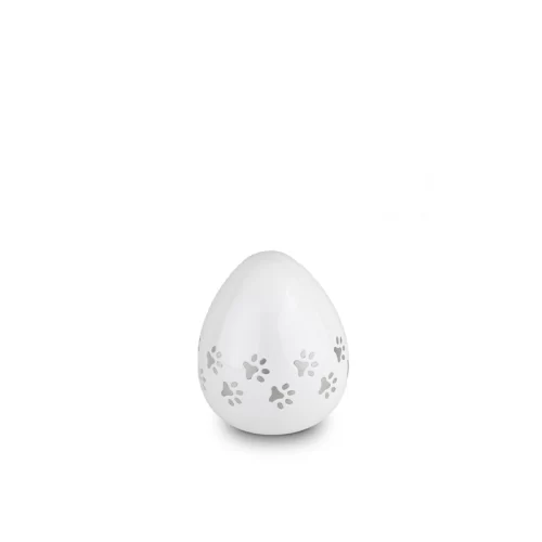Egg-Shaped White Metal Pet Urn with Paw Print Design